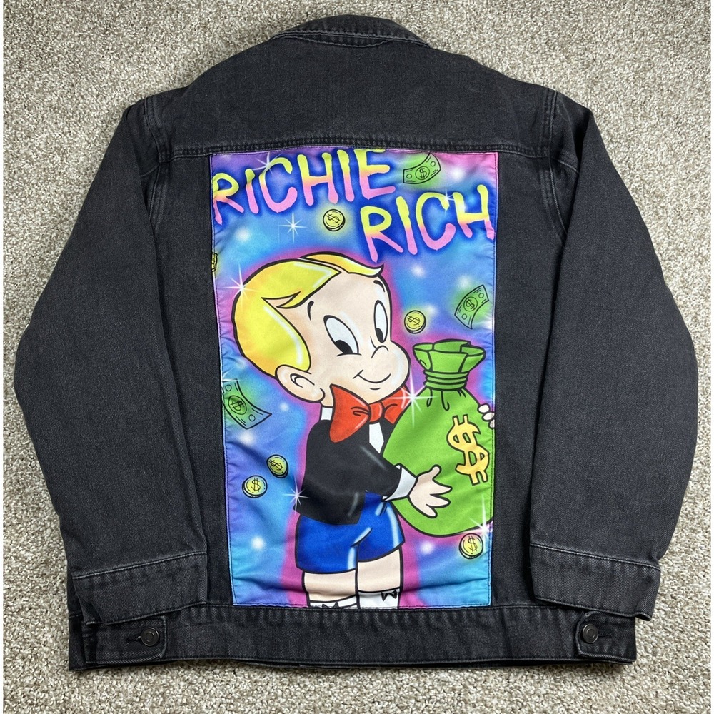 Richie Rich Mens Black Denim Jean Jacket Back Graphic Size Large